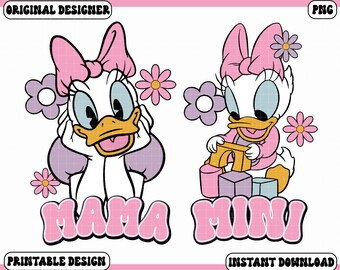 May include: Two cartoon images of Daisy Duck with pink bows and flowers. One image says "MAMA" in pink bubble letters. The other image says "MINI" in pink bubble letters. The images are labeled "ORIGINAL DESIGNER", "PRINTABLE DESIGN", and "INSTANT DOWNLOAD".