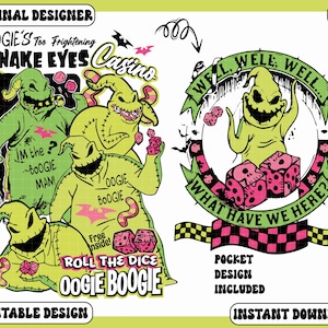 May include: A digital design featuring Oogie Boogie from The Nightmare Before Christmas. The design includes multiple images of Oogie Boogie, dice, and text that reads "Snake Eyes Casino" and "Roll the Dice". The color palette includes green, yellow, pink, and black.