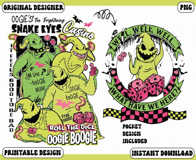 May include: A digital design featuring Oogie Boogie from The Nightmare Before Christmas. The design includes multiple images of Oogie Boogie, dice, and text that reads "Snake Eyes Casino" and "Roll the Dice". The color palette includes green, yellow, pink, and black.