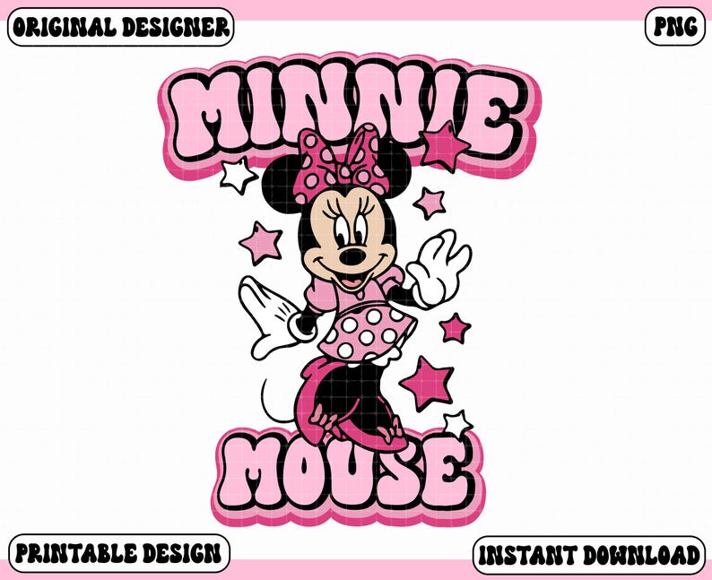 Peut inclure: Graphique de Minnie Mouse rose et noir avec les mots "MINNIE MOUSE" en police bulle. Minnie Mouse porte une robe rose &agrave; pois blancs et un n&oelig;ud assorti. Les mots "ORIGINAL DESIGNER", "PRINTABLE DESIGN" et "INSTANT DOWNLOAD" sont &eacute;galement pr&eacute;sents.
