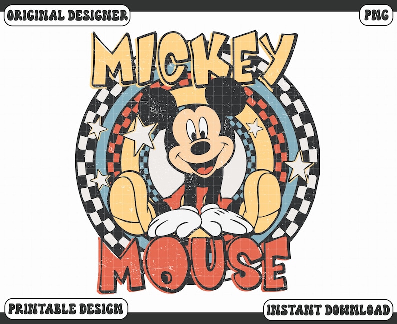 May include: A vintage-look Mickey Mouse design with the words "Mickey Mouse". The image shows Mickey in a classic pose, set against a circular backdrop with stars, a checkered pattern, and rainbow colours. The words "Original Designer", "Printable Design", and "Instant Download" are also included.