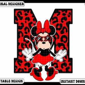 May include: A digital graphic featuring Minnie Mouse wearing star-shaped sunglasses, a red bow, and a red dress. The letter "M" is behind Minnie, with a red leopard print design. Text at the top reads "ORIGINAL DESIGNER", and at the bottom, "PRINTABLE DESIGN" and "INSTANT DOWNLOAD".