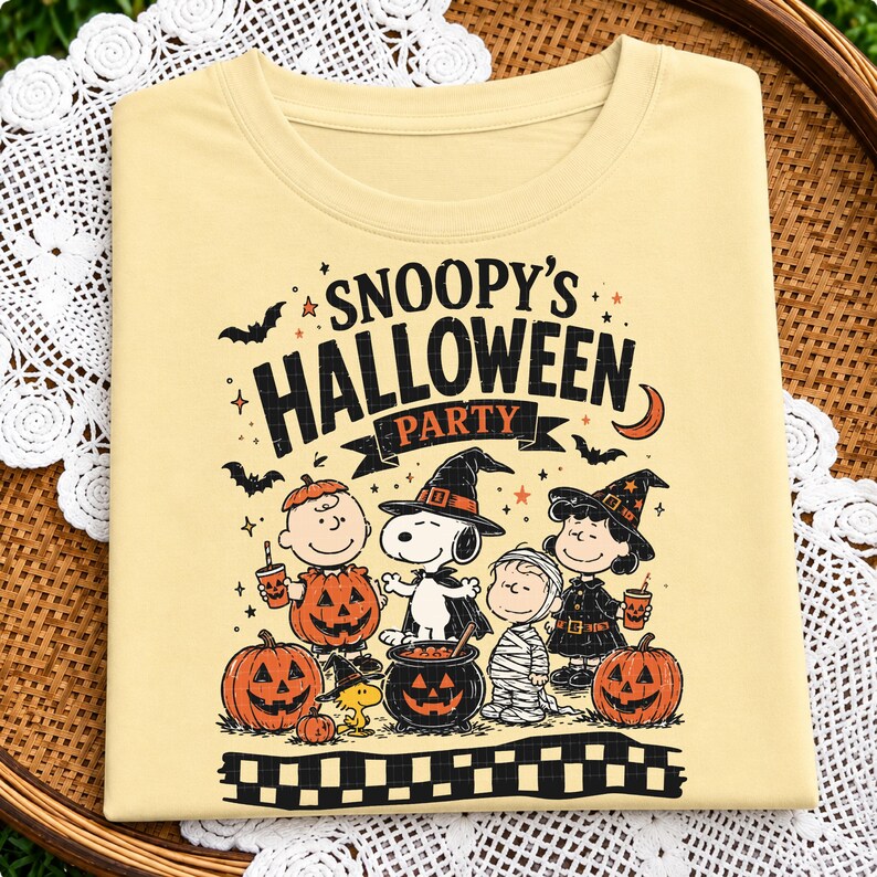 May include: A pale yellow t-shirt featuring a graphic print with the text SNOOPY'S HALLOWEEN PARTY. The design includes Snoopy, Charlie Brown, and other characters in costumes, surrounded by pumpkins, bats, stars, and a crescent moon.