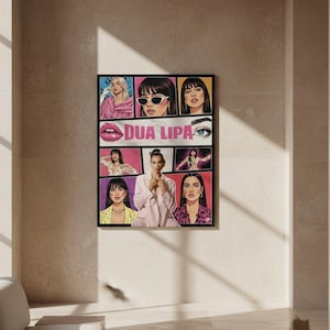 May include: A framed pop art style print featuring multiple images of Dua Lipa. The artwork is divided into sections with vibrant colors and bold lines, with the name "Dua Lipa" prominently displayed. The print is displayed on a neutral-colored wall.