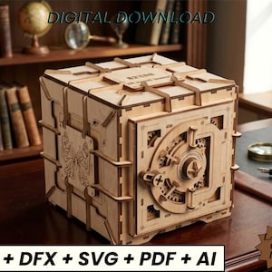 Puede incluir: Una caja de rompecabezas de madera cortada con láser con un diseño de caja fuerte. La caja presenta un diseño de mariposa en un lado y un dial de combinación en la parte delantera. El texto "DIGITAL DOWNLOAD" está en la parte superior y "CDR + DFX + SVG + PDF + AI" en la parte inferior.