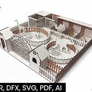 Può includere: Un modello di zoo in legno tagliato al laser con recinti per animali come giraffe, elefanti e cammelli. Il modello include recinzioni, edifici ed elementi decorativi. Il testo "Laser cut" e le opzioni di tipo di file sono visibili.