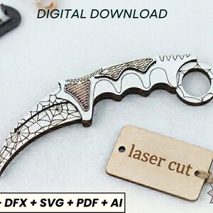 May include: A laser-cut wooden karambit knife featuring detailed designs, including a web pattern and geometric shapes. The text "DIGITAL DOWNLOAD" and "laser cut" are visible. Includes file formats: CDR, DFX, SVG, PDF, and AI.