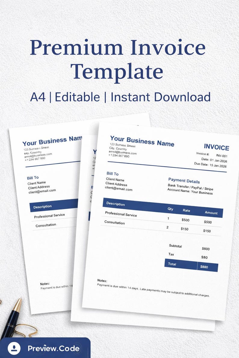Professional Invoice Template for Freelancers & Small Businesses ...