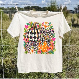 Pumpkin Comfort Colors® Shirt Fall Preppy Floral Bow T-shirt Cozy Season Colorful Autumn Tee Cute Gingham Polka Dot Autumn Tshirt