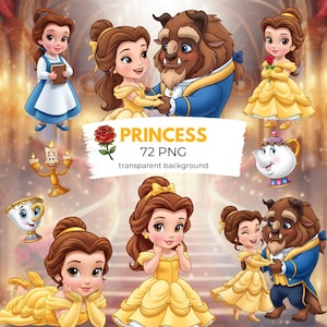 Puede incluir: Una colección de ilustraciones de dibujos animados con una princesa en varias poses con un personaje de bestia. La princesa está representada con vestidos amarillos y azules. Otros personajes incluyen una tetera, un candelabro y una taza. La imagen incluye el texto "PRINCESS 72 PNG transparent background."