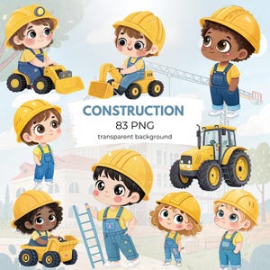 Pode incluir: Uma ilustração digital de trabalhadores da construção civil de desenhos animados com capacetes amarelos e macacões azuis. A imagem inclui veículos de construção. O texto diz "CONSTRUCTION 83 PNG fundo transparente."