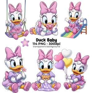 Peut inclure: Plusieurs images de dessin animé d'un bébé canard portant un nœud rose et une robe. Le canard est représenté dans diverses poses, notamment sur une balançoire, avec une sucette, sur un toboggan, tenant une fleur, avec un ours en peluche et tenant des ballons. Le texte "Duck Baby" est également présent.
