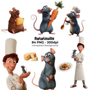 Könnte beinhalten: Eine Sammlung digitaler Illustrationen mit animierten Ratten, einem Koch in weißer Uniform, Käse, einer Karotte und einem Teller Ratatouille. Der Text lautet Ratatouille 84 PNG - 300dpi transparent background. Diese Grafiken zeigen verschiedene Figuren.