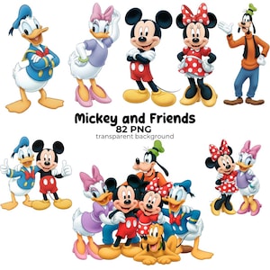 May include: A collection of cartoon characters, including Mickey Mouse, Minnie Mouse, Donald Duck, Daisy Duck, and Goofy. The characters are in various poses, with vibrant colors and distinct outfits. The text "Mickey and Friends" is displayed.