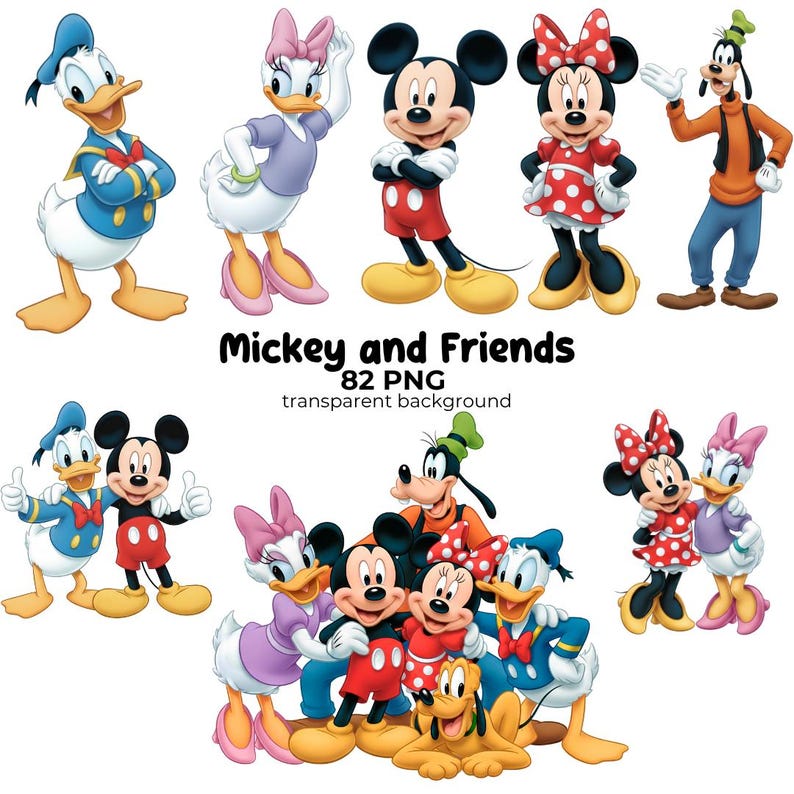 May include: A collection of cartoon characters, including Mickey Mouse, Minnie Mouse, Donald Duck, Daisy Duck, and Goofy. The characters are in various poses, with vibrant colors and distinct outfits. The text "Mickey and Friends" is displayed.