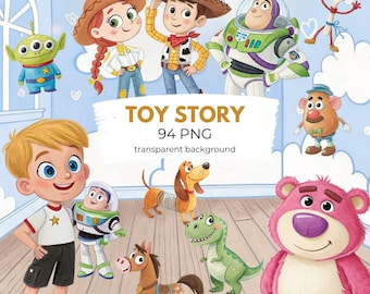 Cute Toy Story Watercolor Clipart PNG, Digital Download, PNGs of Woody, Buzz Lightyear, Jessie, Rex, and Alien, Cartoon Birthday Party Art