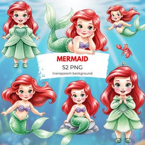 May include: Digital illustrations of mermaids with red hair and green tails in various poses. The images include a mermaid in a green dress, a mermaid with a crab, and mermaids with seashell tops. Text reads "MERMAID 52 PNG transparent background."
