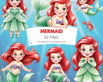 Cute watercolor baby Ariel clipart, Cute little mermaid PNG clipart, Mermaid PNG, Princess Ariel, Prince Eric, Sebastian, Mermaid Watercolor