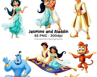 Cute Aladdin and Jasmine Clipart PNG, Arabian princess PNG, Digital Download, PNG image pack of Princess Jasmine, Party png