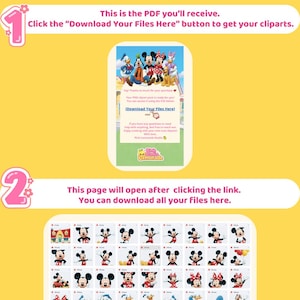 May include: A digital download guide with instructions on how to download clip art files. The guide features images of Mickey Mouse, Minnie Mouse, Donald Duck, Goofy, and Daisy Duck. The text reads, "Download Your Files Here."