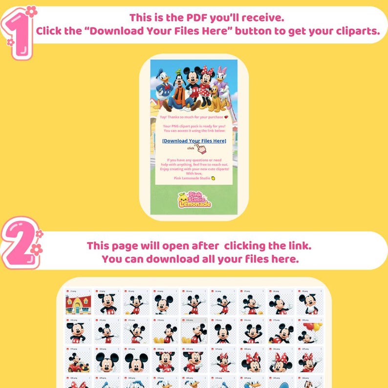 May include: A digital download guide with instructions on how to download clip art files. The guide features images of Mickey Mouse, Minnie Mouse, Donald Duck, Goofy, and Daisy Duck. The text reads, "Download Your Files Here."