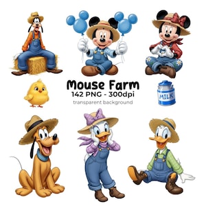 May include: A collection of cartoon characters in farm attire, including Mickey and Minnie Mouse, Goofy, Pluto, Donald and Daisy Duck, and a baby chick. The image includes the text "Mouse Farm".