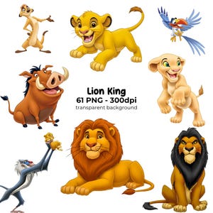 May include: A digital collection of Lion King characters including a meerkat, a warthog, a hornbill, a mandrill holding a cub, and three lions with varying manes. The text reads Lion King 61 PNG - 300dpi transparent background.