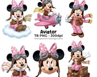 Aviator Minnie PNG, Digital Download, Airplane PNG, Cute Pilot, Mouse Pilot, Baby Shower Clipart, Pink aviator Clipart