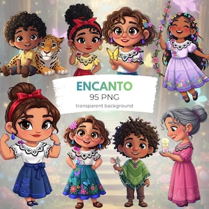 May include: A digital graphic featuring cartoon illustrations of characters from the movie "Encanto." The characters are depicted in various poses and outfits, with a jaguar and a mouse. The image includes the text "ENCANTO 95 PNG transparent background."