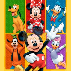 May include: A colorful graphic featuring six Disney cartoon characters: Pluto, Minnie Mouse, Donald Duck, Goofy, Mickey Mouse, and Daisy Duck. Each character is set against a different colored background, with a yellow border.