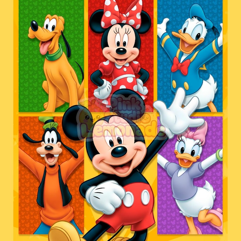 May include: A colorful graphic featuring six Disney cartoon characters: Pluto, Minnie Mouse, Donald Duck, Goofy, Mickey Mouse, and Daisy Duck. Each character is set against a different colored background, with a yellow border.