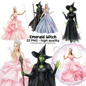 May include: Watercolor illustrations of characters from the Wizard of Oz. The image features the Wicked Witch of the West, Glinda the Good Witch, and other characters in colorful gowns and witch hats. Text reads "Emerald Witch 22 PNG - high quality transparent background."