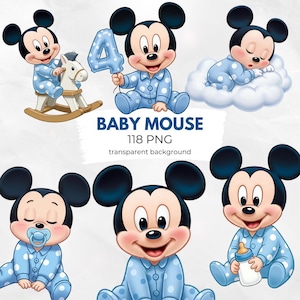 Könnte beinhalten: Eine Sammlung von Baby-Maus-Illustrationen im Cartoon-Stil in verschiedenen Posen. Die Baby-Mäuse tragen blaue Pyjamas mit weißen Punkten. Eine sitzt auf einem Schaukelpferd, eine andere hält einen Ballon mit der Zahl 4, und andere schlafen oder halten eine Flasche.