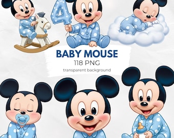 Cute Baby Mickey Clipart PNG, Digital Download, Blue art for boy, Print for baby's room, Cartoon designs for baby's room