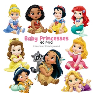 Pode incluir: Uma coleção de nove ilustrações de princesas bebês em várias poses. Cada princesa é retratada com olhos grandes e roupas coloridas. A imagem inclui o texto "Baby Princesses 60 PNG transparent background."