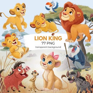 May include: A collection of cartoon illustrations featuring characters from the Lion King. The image includes Simba, Nala, Timon, Pumbaa, Rafiki, Zazu, and a hyena. The text "LION KING 77 PNG transparent background" is also present.