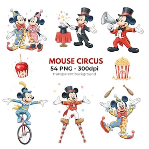 Könnte beinhalten: Eine Sammlung von Cartoon-Illustrationen mit Mickey Mouse in verschiedenen Zirkus-Outfits. Die Bilder zeigen Mickey als Zauberer, Zirkusdirektor und Clown, zusammen mit Zirkusrequisiten und dem Text "MOUSE CIRCUS".