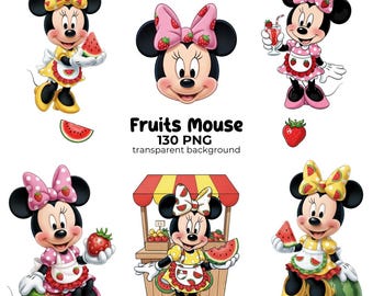 Fruit Minnie Mouse Clipart Pack, Strawberry Clipart PNG, Kids Party Decor, Digital Download, Fruit First Birthday, Fruit clipart PNG
