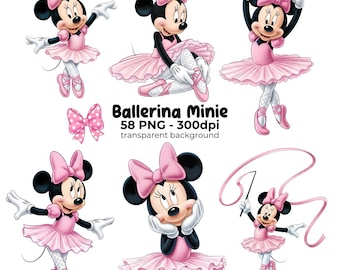 Ballerina Minnie Mouse Clipart Pack, PNGs Baby Girl Illustration, Pink Baby Shower Decorations, Digital Download, Bellerina First Birthday
