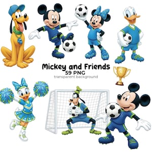 Peut inclure: Illustration colorée de personnages de dessins animés, dont Mickey, Minnie, Donald, Pluto et Dingo, vêtus de tenues de football. L'image comprend des ballons de football, un trophée et un but. Le texte indique "Mickey and Friends 59 PNG transparent background."