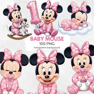 Puede incluir: Una colección de ilustraciones de dibujos animados con un personaje de ratón bebé con pijama rosa de lunares y lazo a juego. El ratón se muestra con un chupete, sosteniendo un globo y en un caballito balancín. El texto dice "BABY MOUSE 100 PNG fondo transparente."
