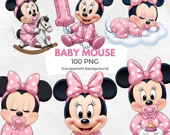 Minnie Mouse Baby Clipart Pack, PNGs Baby Girl Illustration, Pink Baby Shower Decorations, Digital Download, Baby Mouse First Birthday