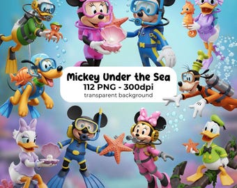 Mickey and Friends Clipart PNG, Minnie and Mickey, Cute Mickey Kit, Digital Download, Digital Kit, Under the Sea, Underwater, Sea Characters
