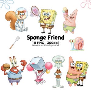 May include: A collection of colorful cartoon characters from the SpongeBob SquarePants series. The image includes SpongeBob, Patrick Star, Sandy Cheeks, Mr. Krabs, Pearl, Squidward, and Gary, along with the text "Sponge Friend".