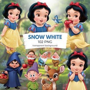 May include: Digital illustration featuring Snow White and other characters from the fairy tale. The image includes Snow White in a blue and yellow dress, the seven dwarfs, a deer, and the text "SNOW WHITE 102 PNG transparent background."