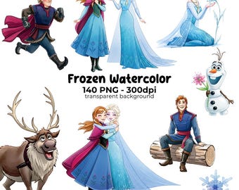 Cute Frozen Watercolor PNG Cliparts, Elsa, Anna, Printable Images, cartoon graphics, sublimation, DIGITAL DOWNLOAD