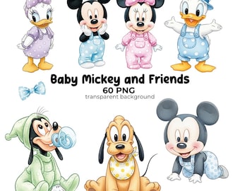 Cute Baby Mickey and Friends Clipart PNG, Digital Download, Blue art for boy, Print for baby's room, Cartoon designs for baby's room