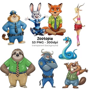 Könnte beinhalten: Eine Sammlung von Zeichentrickfiguren aus dem Film Zootopia. Die Charaktere umfassen einen Geparden in Polizeiuniform, ein Kaninchen in Polizeiuniform, einen Fuchs, eine Gazelle, eine Schlange, ein Faultier, einen Büffel in Polizeiuniform und einen Biber. Das Bild enthält den Text "Zootopia".