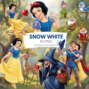 以下が含まれることがあります： 白雪姫と童話の様々なキャラクターが登場するデジタルイラスト。 青と黄色のドレスを着た白雪姫、七人の小人、王子、魔女、鹿が含まれています。 テキスト「SNOW WHITE 61 PNG transparent background」も表示されています。