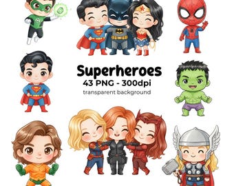 Superheroes Watercolor Digital Kit, PNG pack of Superhero Legends, Cute Baby Hero Clipart Pack, Digital Download, Superhero kids art